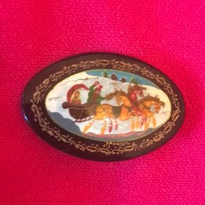 Hand painted lacquered Russian pin. Signed